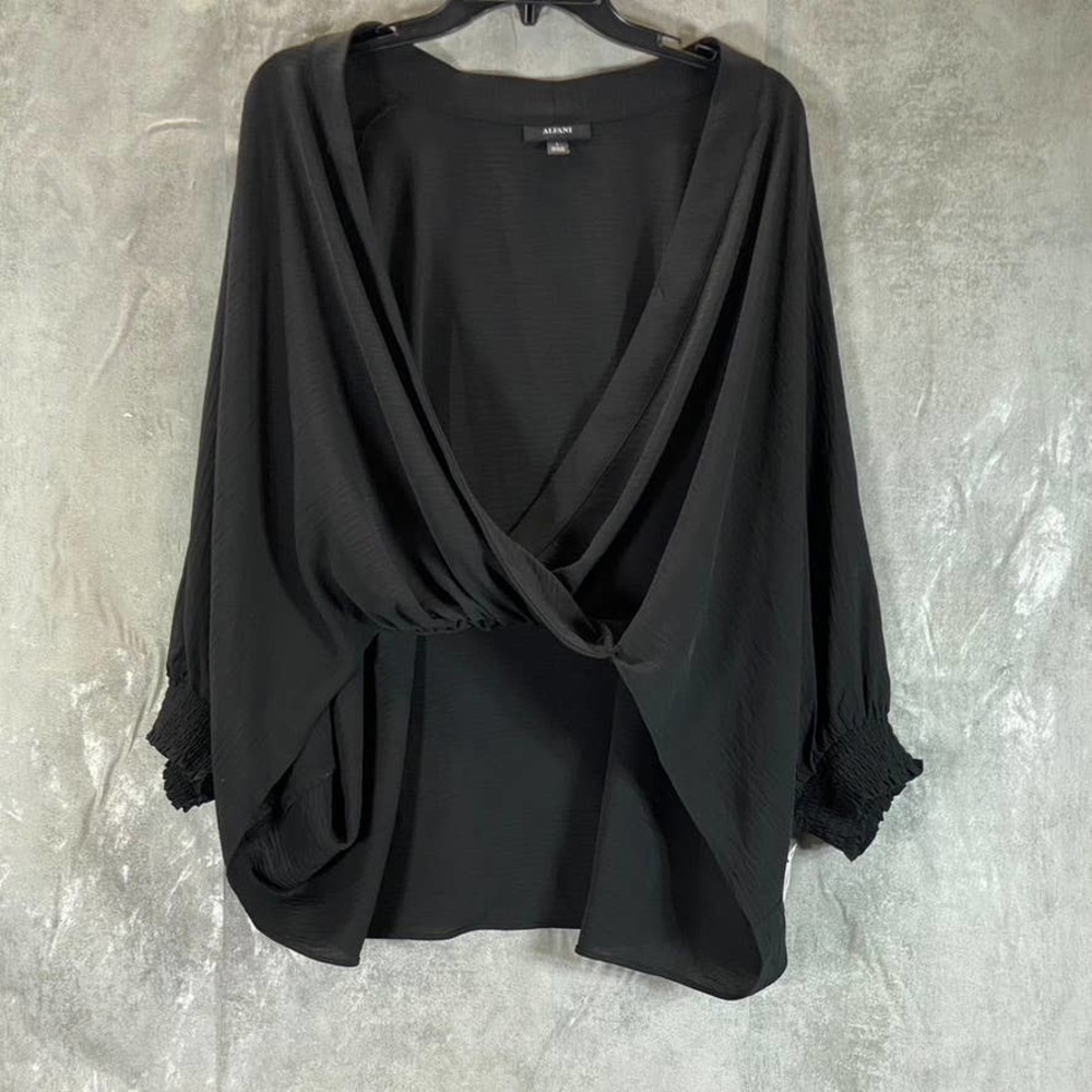 Alfani Women's Deep Black Faux-Wrap Smocked-Cuff Top SZ L
